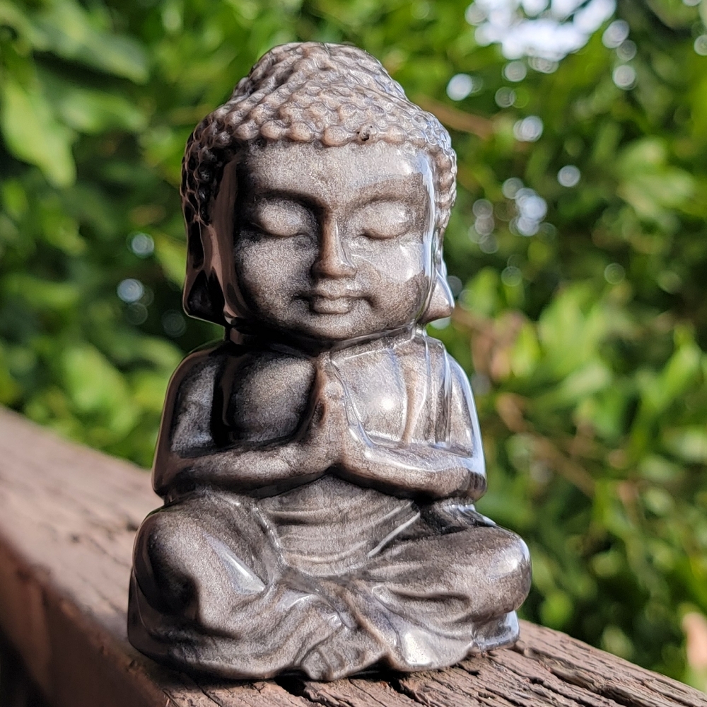 (C) NEW 3.95" SILVER SHEEN BLACK OBSIDIAN BUDDHA
